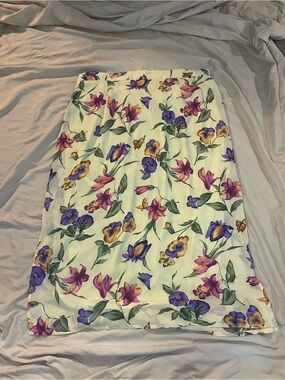 Light Yellow Floral Midi Skirt with Purple & Pink Blooms